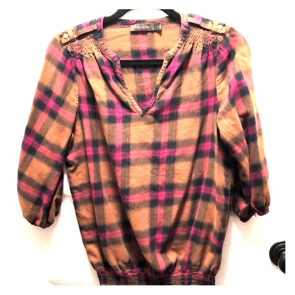 Pink and Brown Flannel Top with Cinched Waist